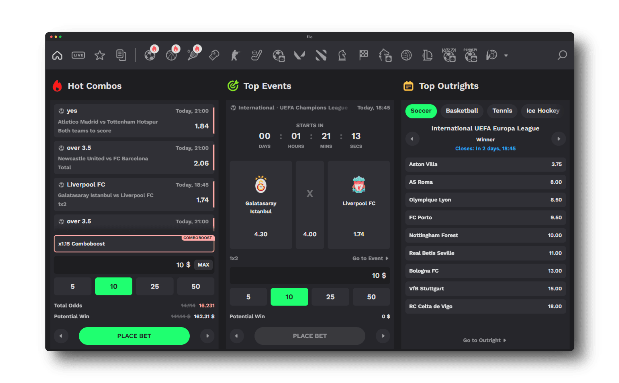 Degen sportsbook showing live betting markets across soccer, basketball, CS2, and 8 other sports