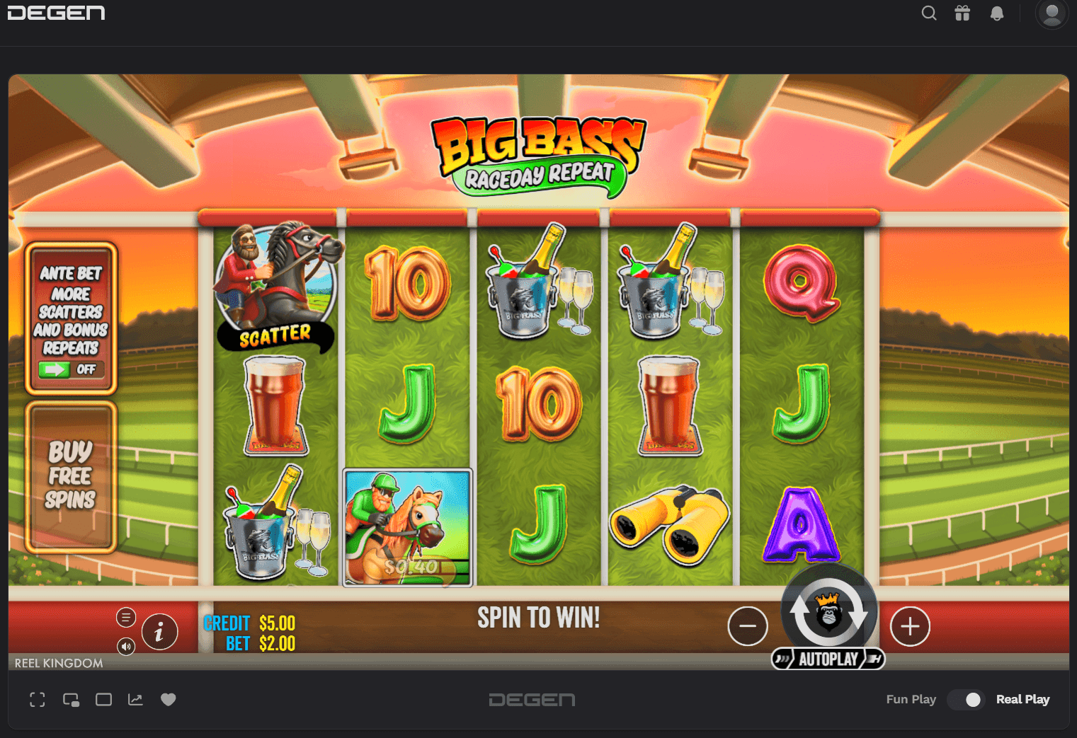 Degen Casino slots library featuring 2000+ titles from 36 providers including Pragmatic Play, Hacksaw Gaming, and Nolimit City