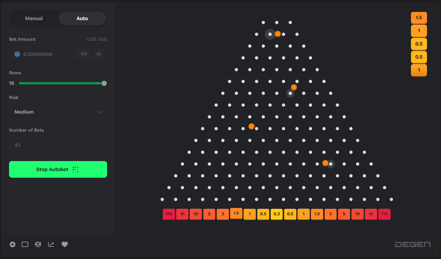 Degen Casino Plinko game — provably fair ball drop game with three risk levels and multiplier slots