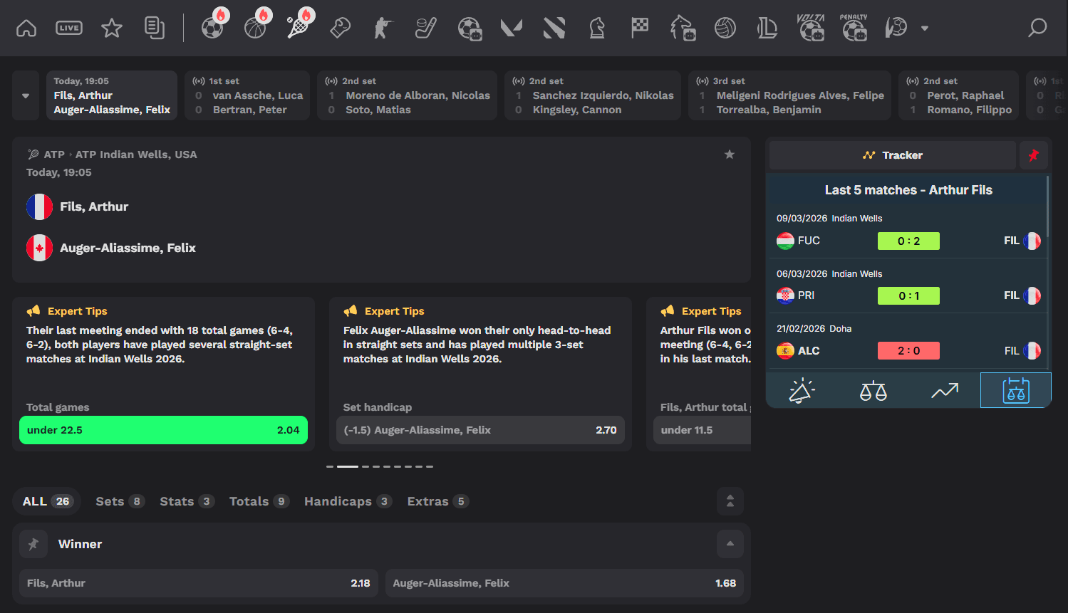 Degen.com sportsbook showing tennis betting markets with live in-play odds for Grand Slam and ATP matches