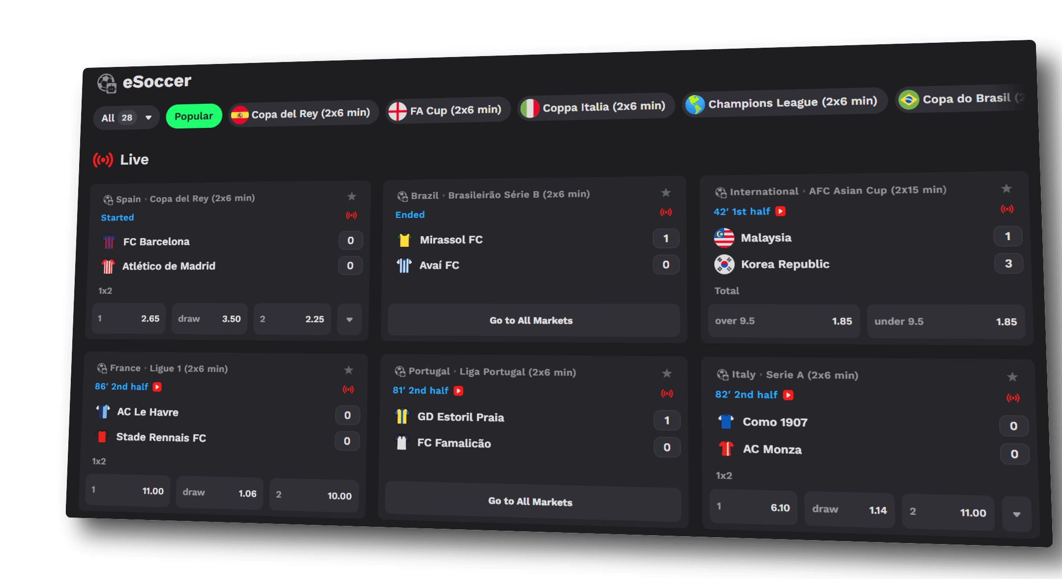 Degen.com sportsbook showing FIFA EA Sports FC esports betting markets with live odds