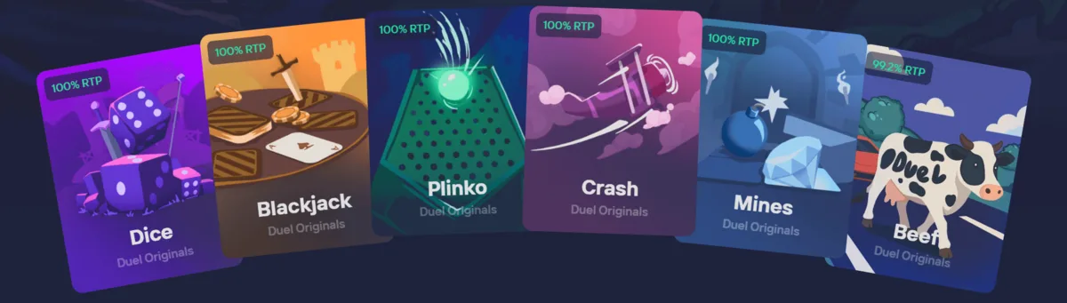 Duel Casino Zero Edge mode showing 100% RTP on Originals